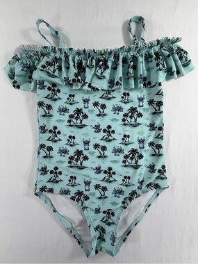Disney Lilo & Stitch One-Piece Swimsuit Girls Size 9/10 Aqua Tropical Ruffle